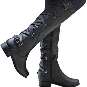 Syktkmx Womens Strappy Motorcycle Knee High Boots Winter Lace Up Riding Flat Low